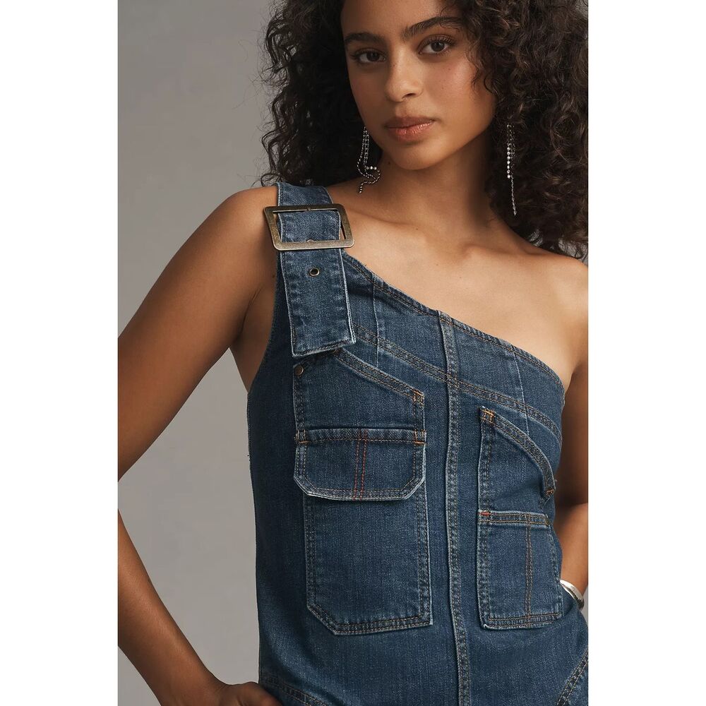 Anthropologie Dark Blue Denim Wide-Leg Asymmetric Overalls Jumpsuit - Picture 4 of 11